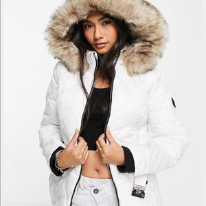 River Island White Quilted Jacket with Faux Fur Hood